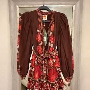 FARM Rio Brown Floral Dress with Red Accents